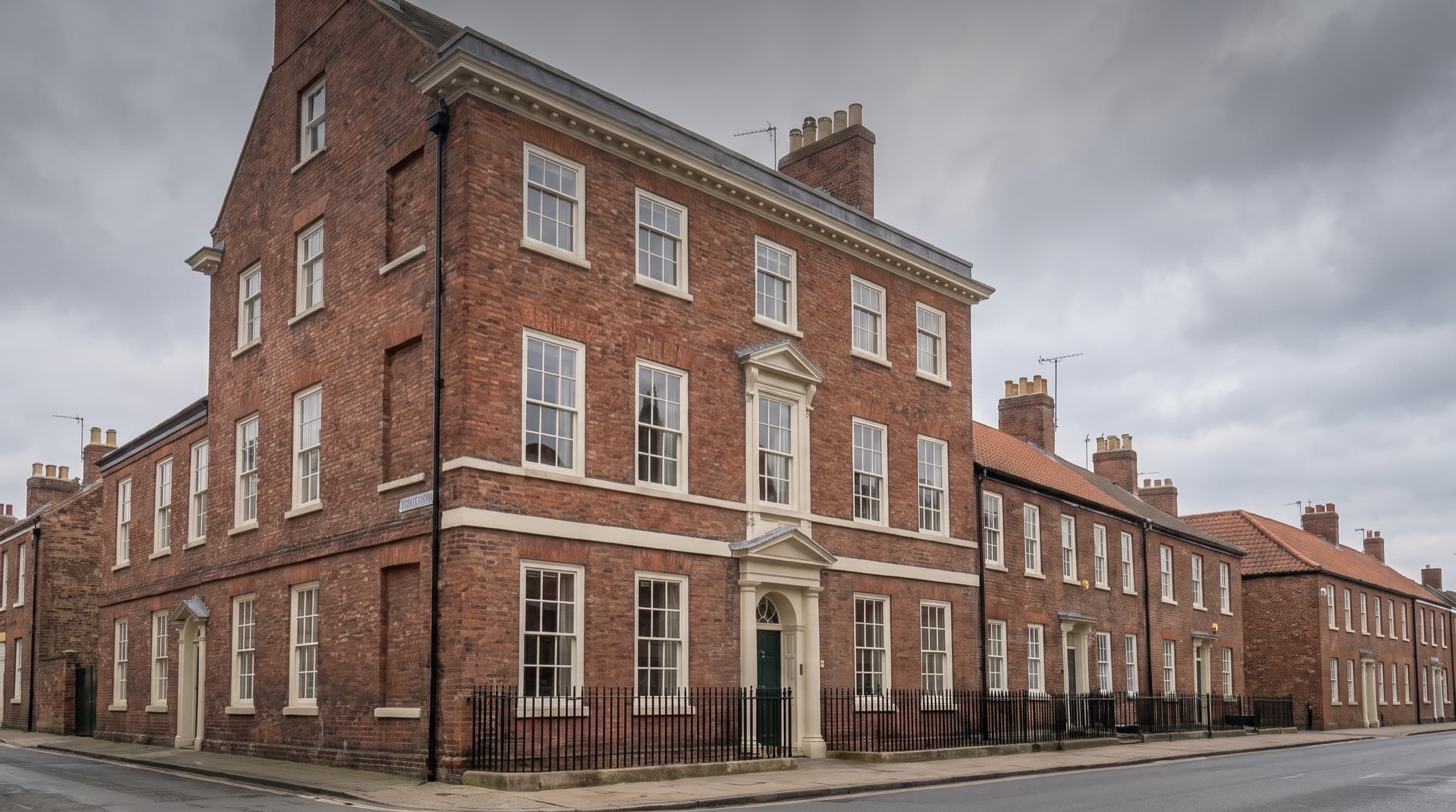 Bootham Crescent Townhouse, a red-brick townhouse in Bootham, York, under an overcast sky